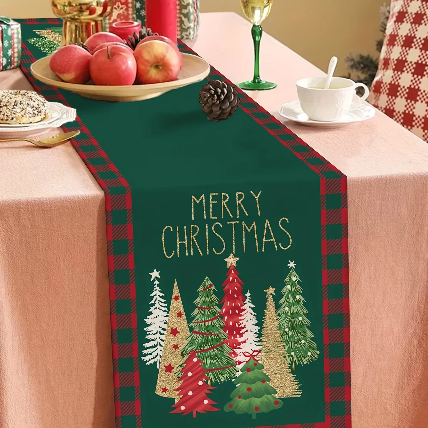 Christmas Tree Buffalo Plaid Linen Table Runner Party Decor Winter Xmas Holiday Kitchen Dining Table Runner Christmas Decoration