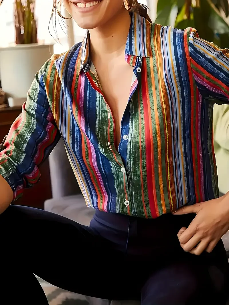 قميص أنيق مخطط بأزرار للنساء مقاس كبير، قميص كلاسيكي بأكمام طويلة قابل للغسل في الغسالة، مثالي للقميص المخطط العتيق