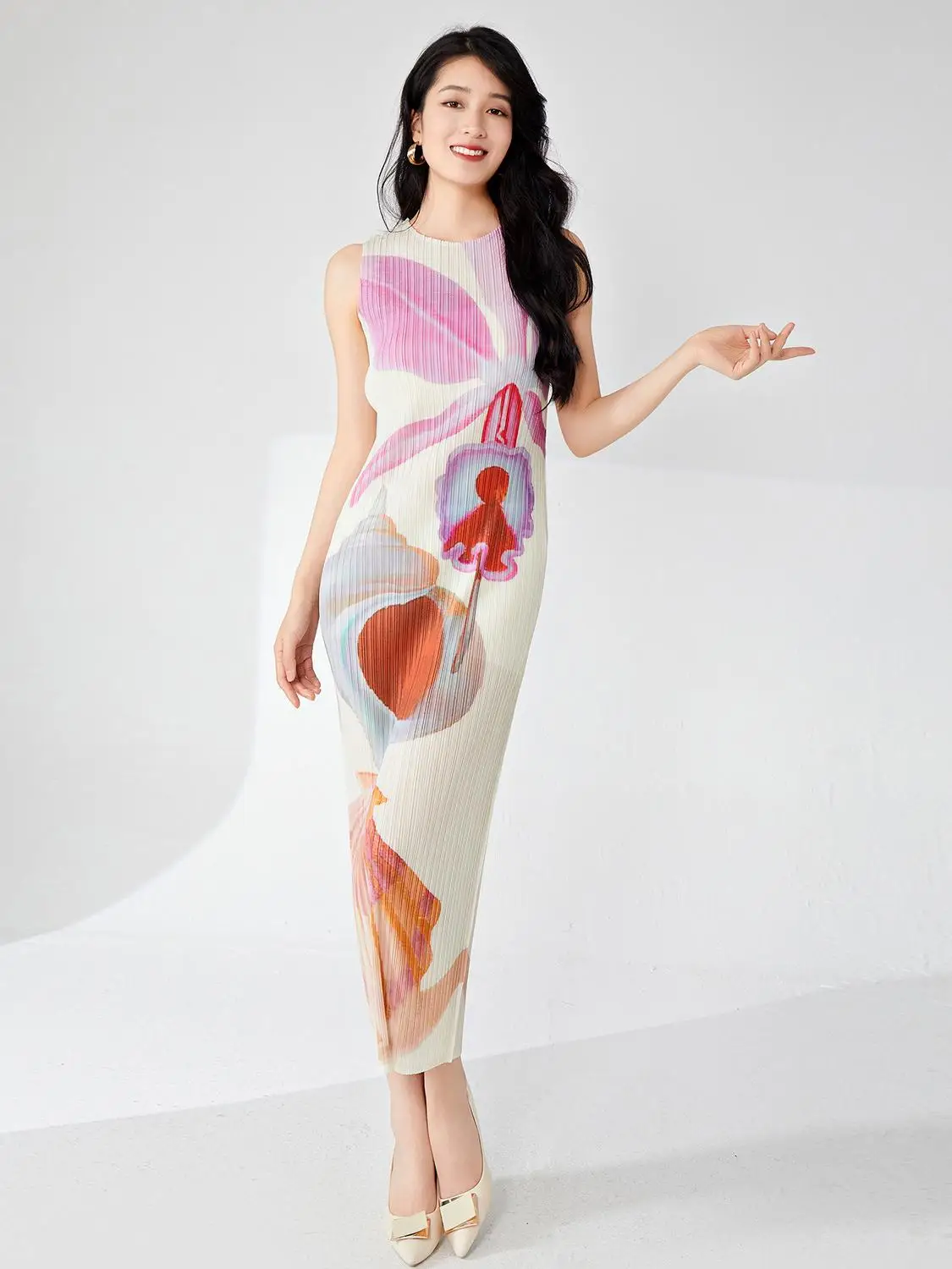 

Ele High Waist Printed Elastic Pleated Micro plus Size Skirt One Step Wrap around Sli Long Dr for Women