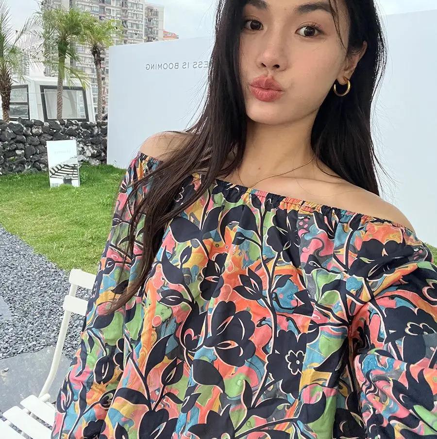 

Women's new 2025 cotton printed shirt one-length off-shoulder casual elegant ladies top