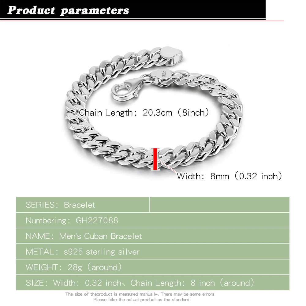 New Genuine 925 Sterling Silver Travel Wristband Bracelets for Men 8MM Miami Cuban Chain Fashion Handmade Chain Jewelry Gift