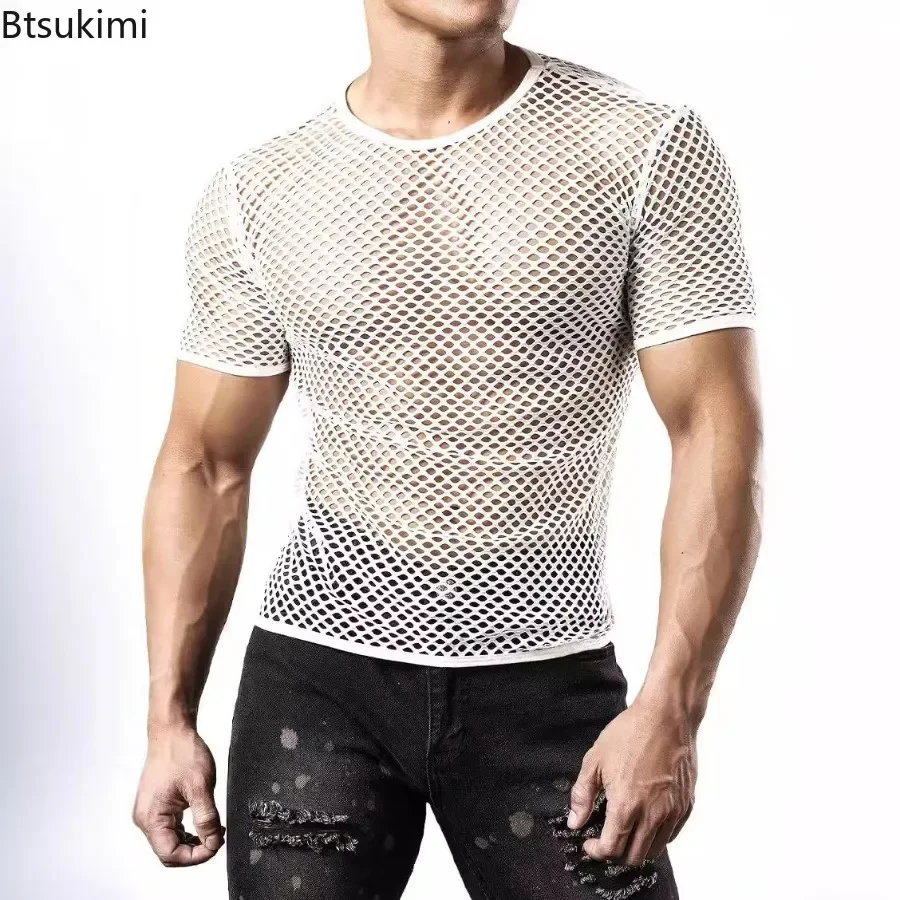 New 2025 Men's Sexy Mesh T-shirts Transparent Hollow Out Fishnet Short Sleeve O-neck Tops Men Sport Fitness Tees Nightclub Vest