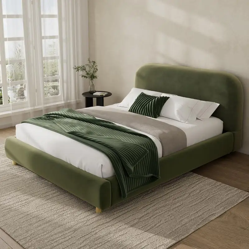 Queen Size Platform Bed, Upholstered Velvet Bed with Curved Thick Headboard, Olive Green