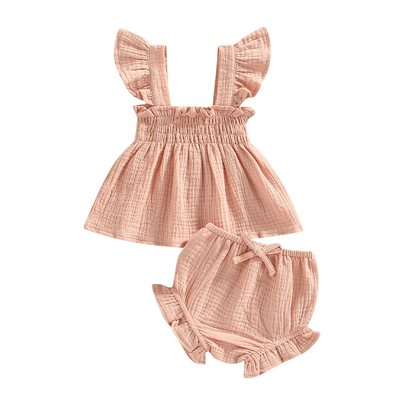

2 Pieces Girls Suit Set Solid Color Square Neck Fly Sleeve Tops Ruffle Short Pants for Summer 0-3 Years