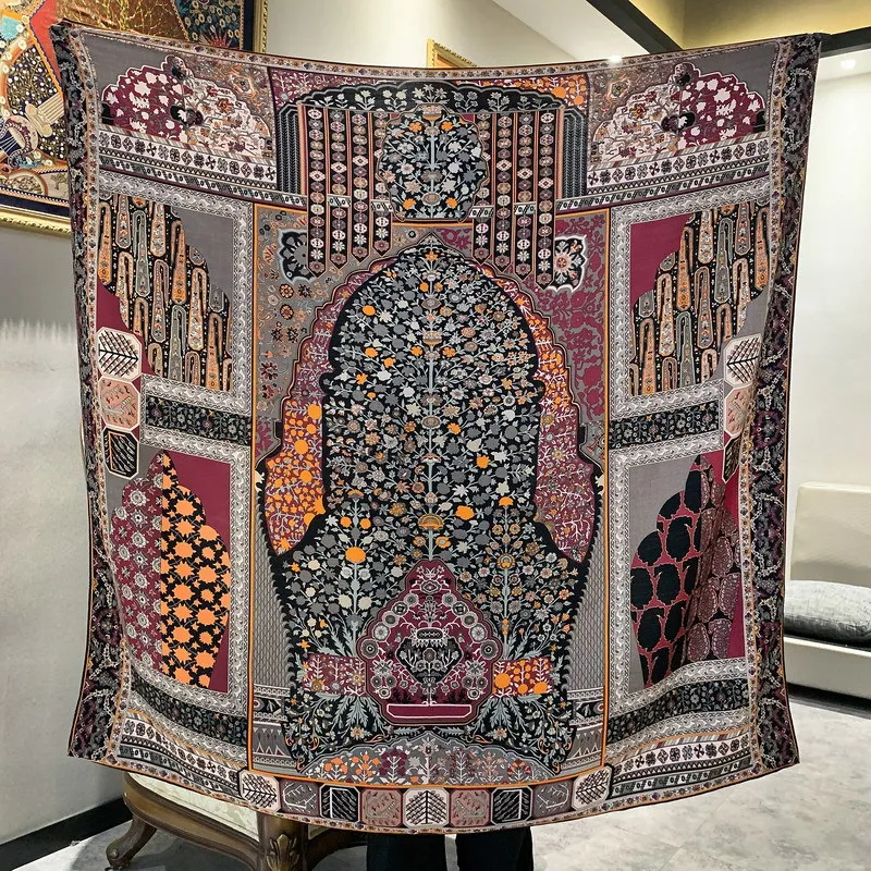 High-end Elegant Women Fine Persian Carpet Exotic Style Double-sided Print Quality Silk Wool Hand-rolled Edge Big Scarf Shawl