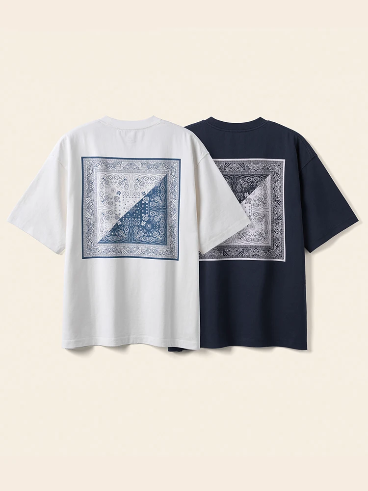 

SIMWOOD High Standard Summer New Super Loose 270gsm 100% Cotton Fabric Paisley Pattern Print T-shirts Men Breathable Tops