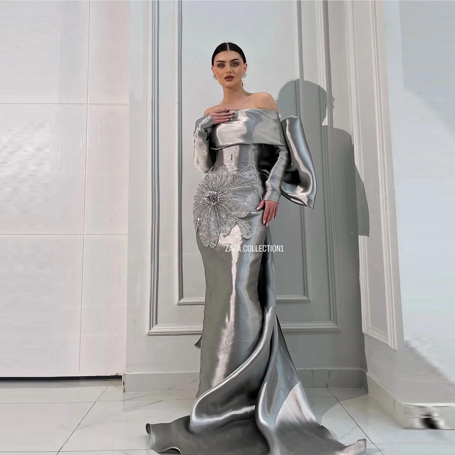 

Silver Satin Off‑Shoulder Evening Dress Sequin Flower Embellishment, Long‑Sleeve Fish‑Tail Gown, Party Wedding Prom Dress 2025