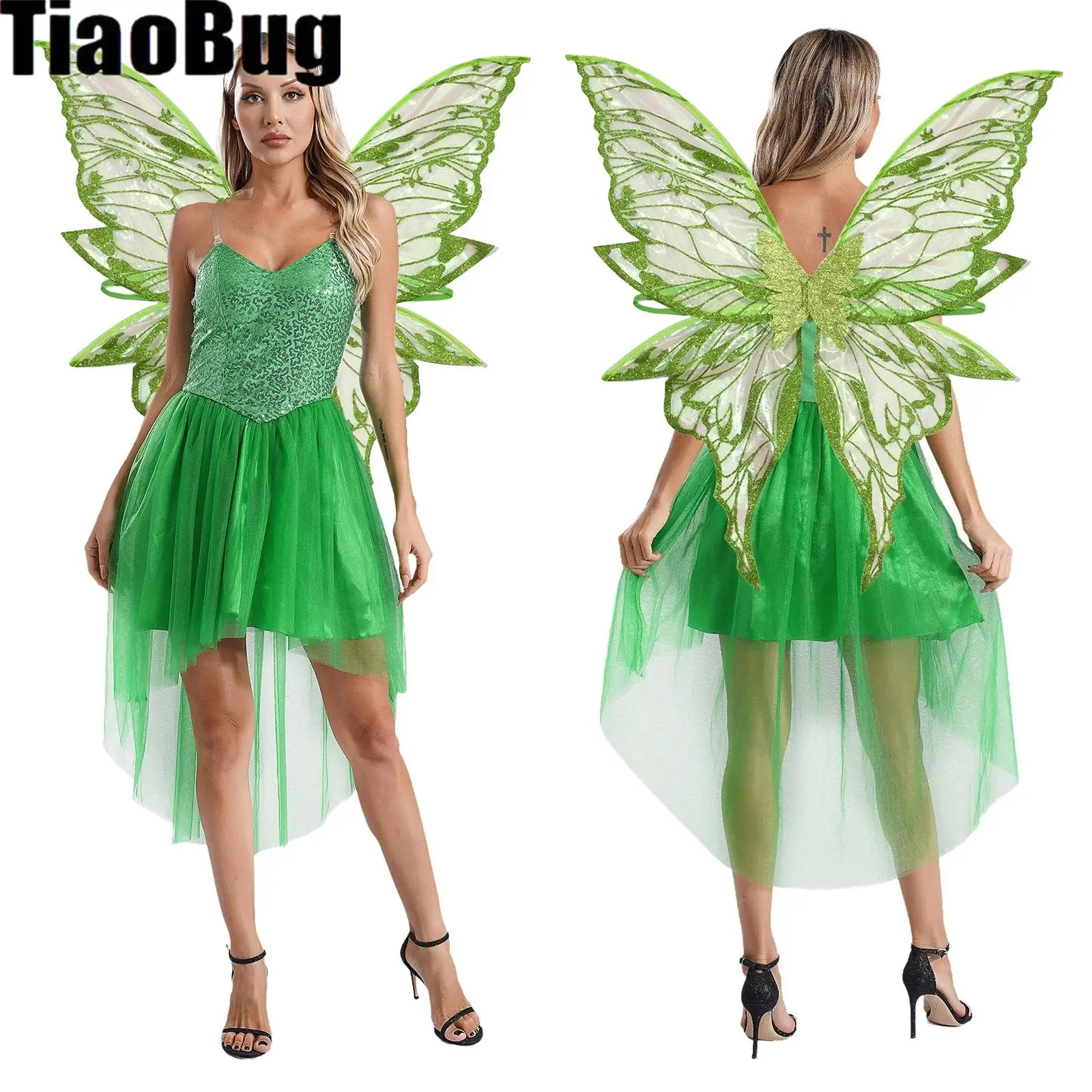 

Womens Forest Fairy Cosplay Dress V Neck Sleeveless Sequin Top Tulle Hem Dress with Elf Wings for Halloween Stage Role Play