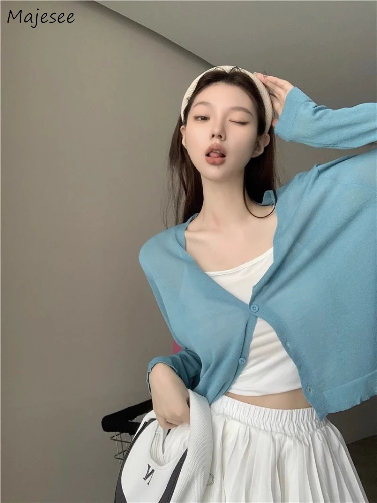 Solid Knitted Jackets Women Spring Summer O-neck Single Breasted Long Sleeve Ice Silk Sun Proof Thin Loose Slim All-match Cozy