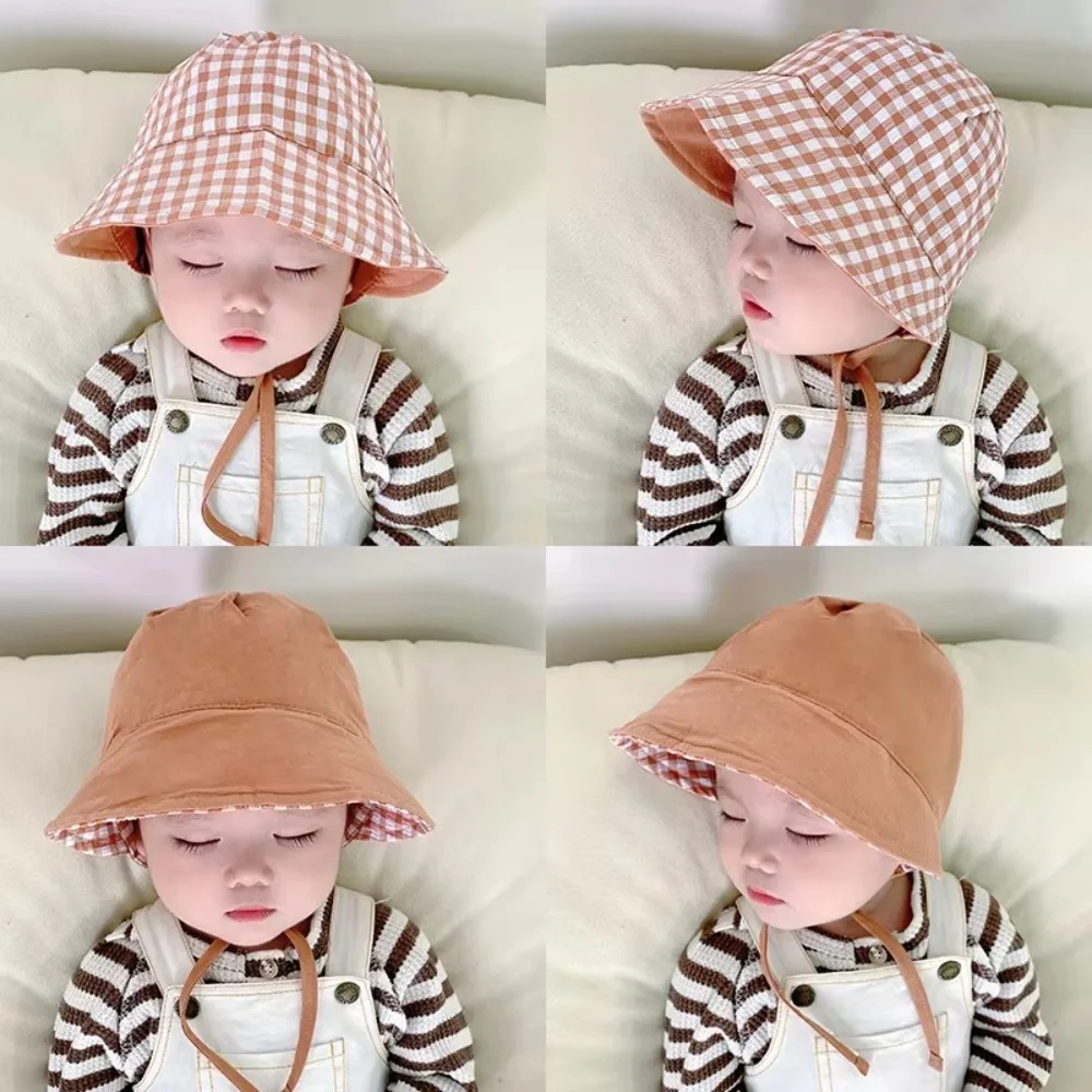 

Korean Double Sided Plaid Bucket Hat Cotton Solid Color Fisherman Caps Bonnet Reversible Children Sun Hat Summer