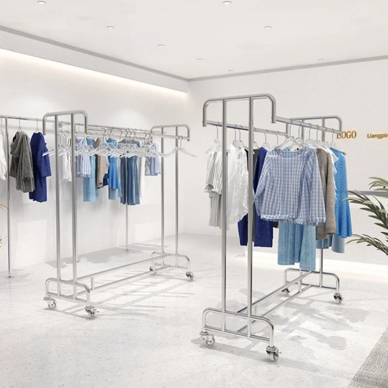 Custom, silver double stainless steel clothing display rack garment hanging shelf with wheels