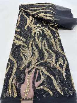 Tecido de renda com lantejoulas para casamento, miçangas de tule francês, tecido de renda africana bordado nigeriano, alta qualidade, 2024