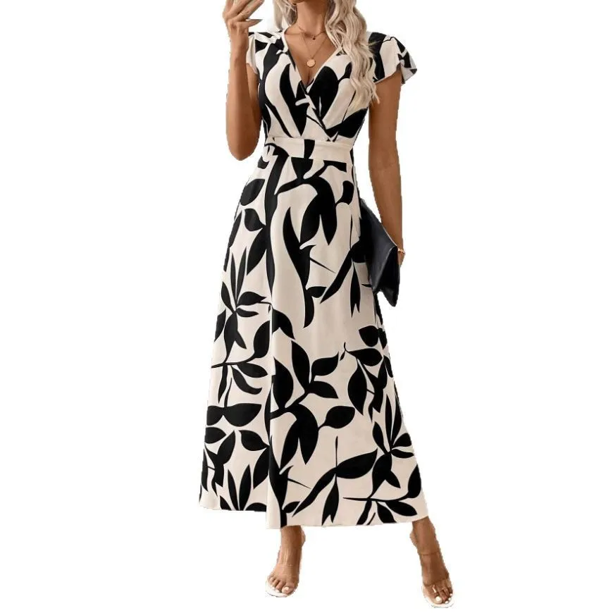 

Модная женская юбка с V-образным вырезом и принтом, с высокой талией, плиссированная, летняя одежда для женщин среднего возраста...