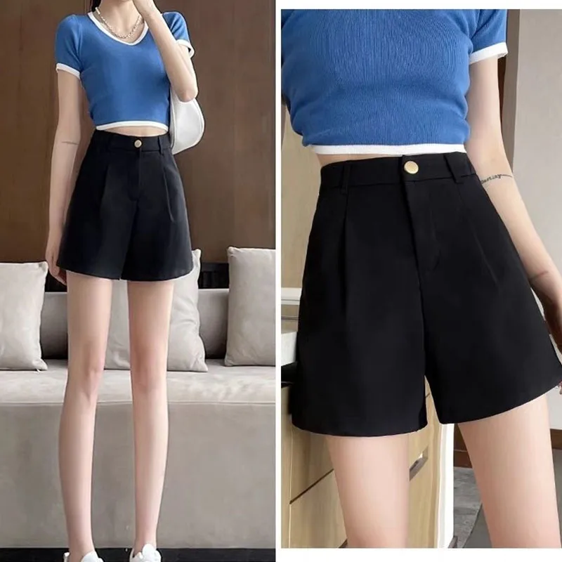 Summer Black Suit Shorts for Women Solid All-Match Casual Button Zipper A-Line Shorts Fashion Office Lady Commute Short Pants