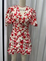White Red Floral Ruched Puff Sleeve Mini Dress V-neck Ruffle Hem 3d Flower Dresses Summer Lady Party Sweet Date Vestido New 2026 - Image 5