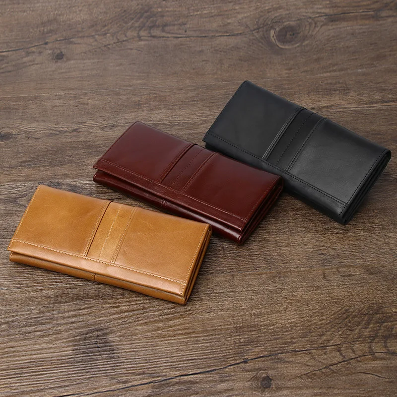 

Leather RFID anti-theft brush long wallet leather retro ladies and men's mobile phone storage large capacity vertical money clip