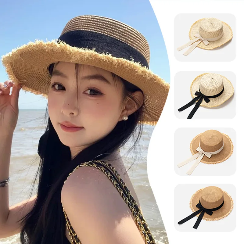 Koreanischer Strohhut mit Schleife für Damen, Outdoor-Strandhut mit breiter Krempe, Sonnenschutzkappe für den Sommerurlaub, Panama-Hüte für Frauen