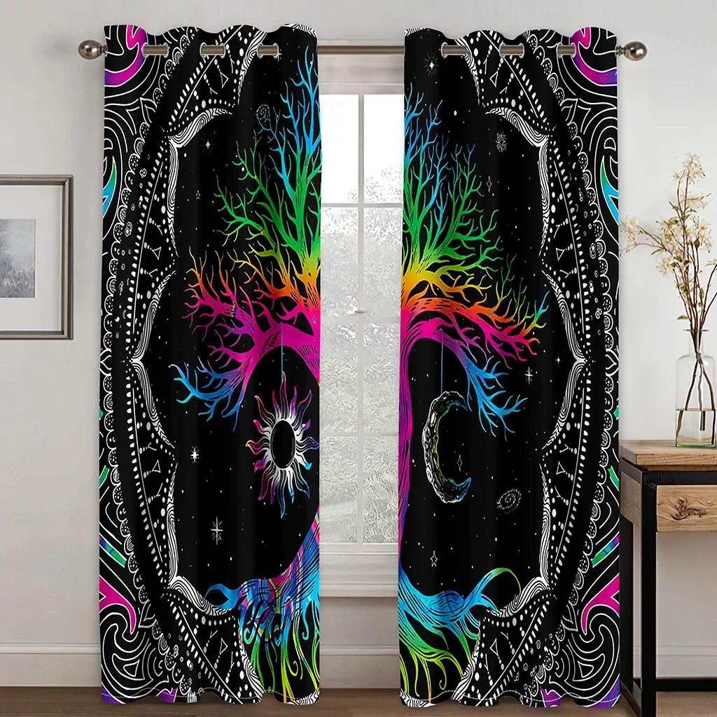 Cheap Tree of Life Boho Mandola Floral Sun Psychedelic Thin Window Curtains for Living Room Bedroom Decor 2 Pieces Free Shipping