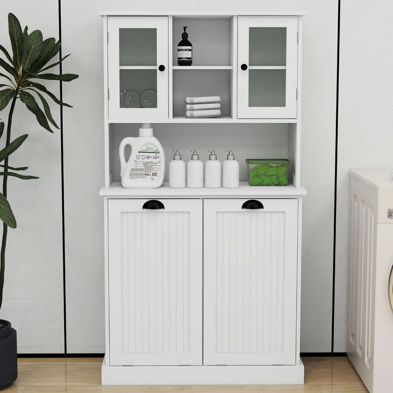 2-In-1 Tilt Laundry Sorter and Bathroom Cabinet Laundry Basket Cabinet with 2 Large Sorting Baskets Bathroom Storage Cabinet