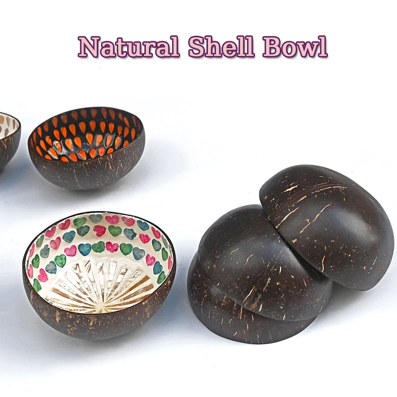 Handcrafted Coconut Shell Bowl with Inlaid Design, Natural Snack Serving Tray forDecor, Eco-Friendly Fruit Salad Dessert Dish