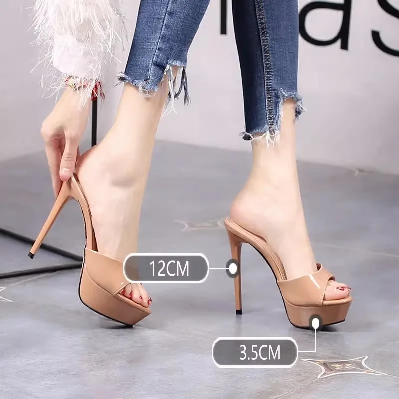 2024 Summer Women 12cm High Heels Pumps 3.5cm Platform Fetish Mules Sandals Lady Slippers Peep Toe sexy Slides Fashion Shoes