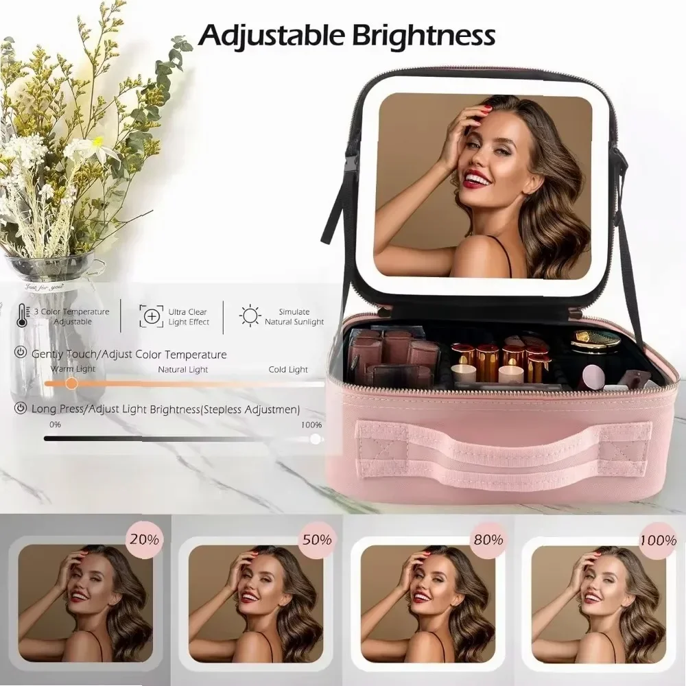 Large LED Mirror Makeup Bag Travel Train Case Cosmetic Organizer with 3 Color Lights Adjustable Dividers