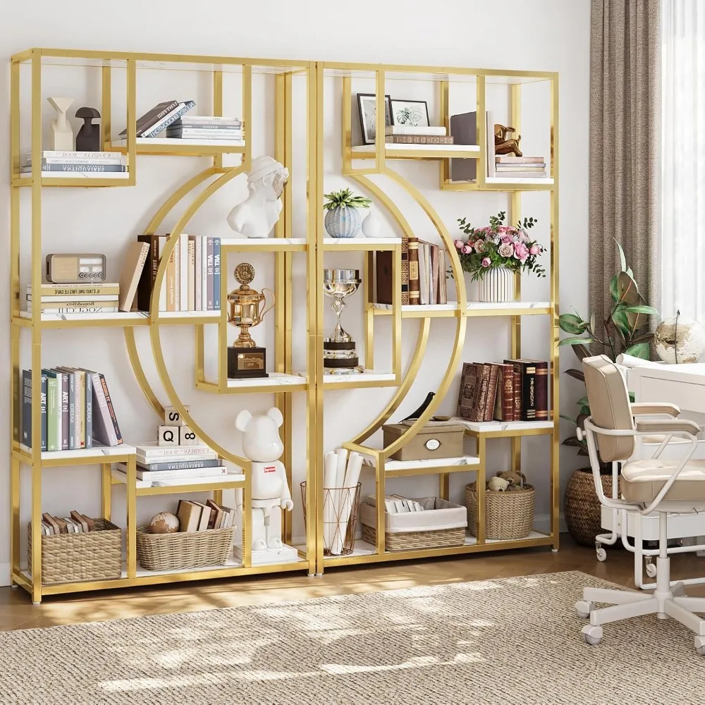 Modern Book Shelf Bookcases & Cd Racks Set of 2 Geometric Display Shelves for Living Room White and Gold Bookshelf Bookcase Home