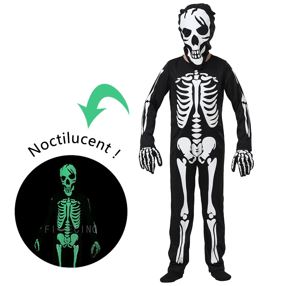 

Halloween Skeleton Noctilucent Costume Child Boy Girl Cosplay Clothes Terror Jumpsuit Kids Black Outfit Easter Bodysuit Zentai