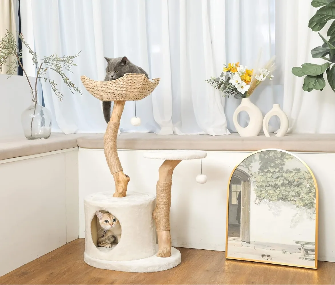 Arbre à Chat Moderne pour Petits Chats d'Nik, Tour en Bois group avec Poteau à Gratter, Enclos Unique Boho, Blanc