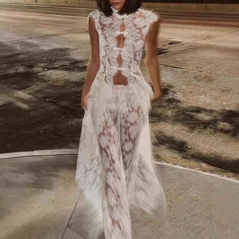 Weißer Spitzen-Stickerei-Hosenanzug für Damen mit Stehkragen, Ärmellos, Ausgeschnittener Taille, Durchsichtiges Set, Sommerliches Transparentes Outfit