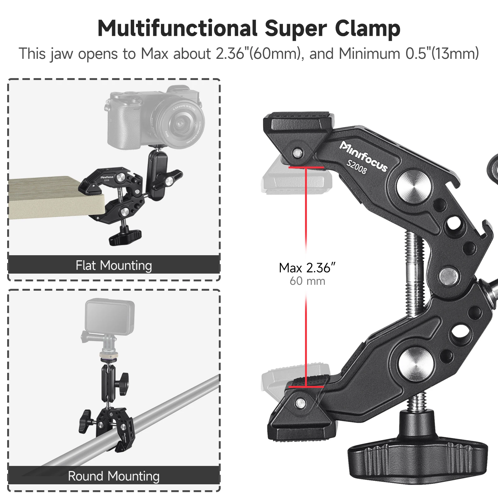 Minifocus S2008 Metal Super Clamp with 360° Ball Head Magic Arm Clamp with 1/4\