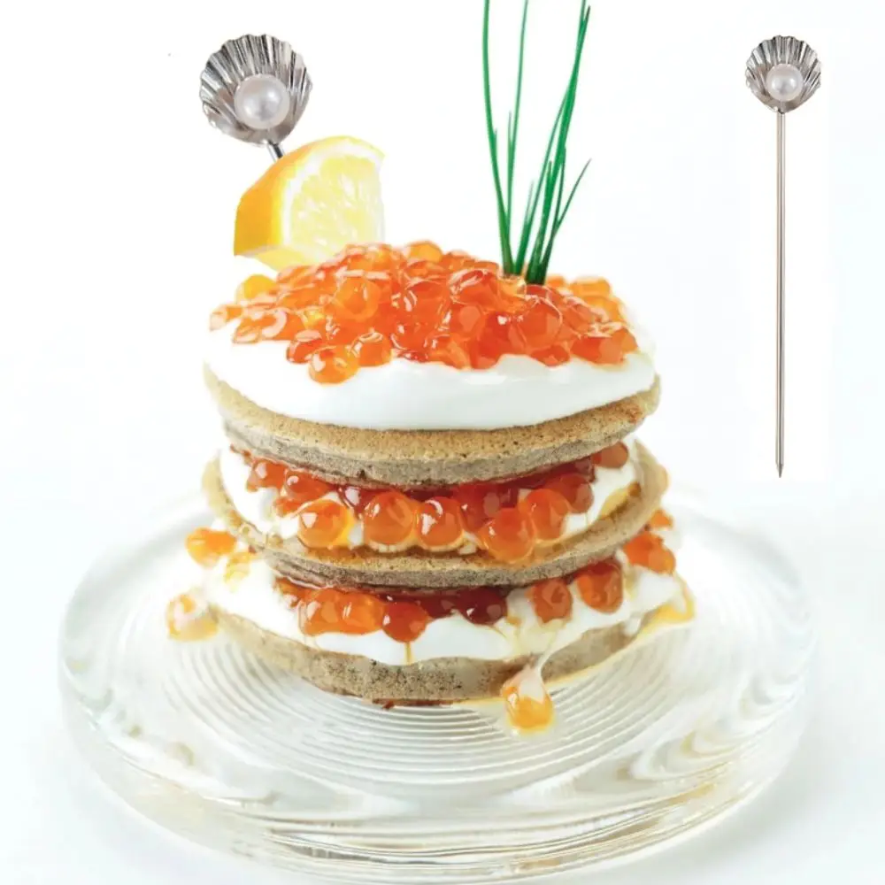 

4Pcs Creative Shell Pearl Design Fruit Stick 304 Stainless Steel Rust-proof Cocktail Pick Reusable Wine Needle Dessert