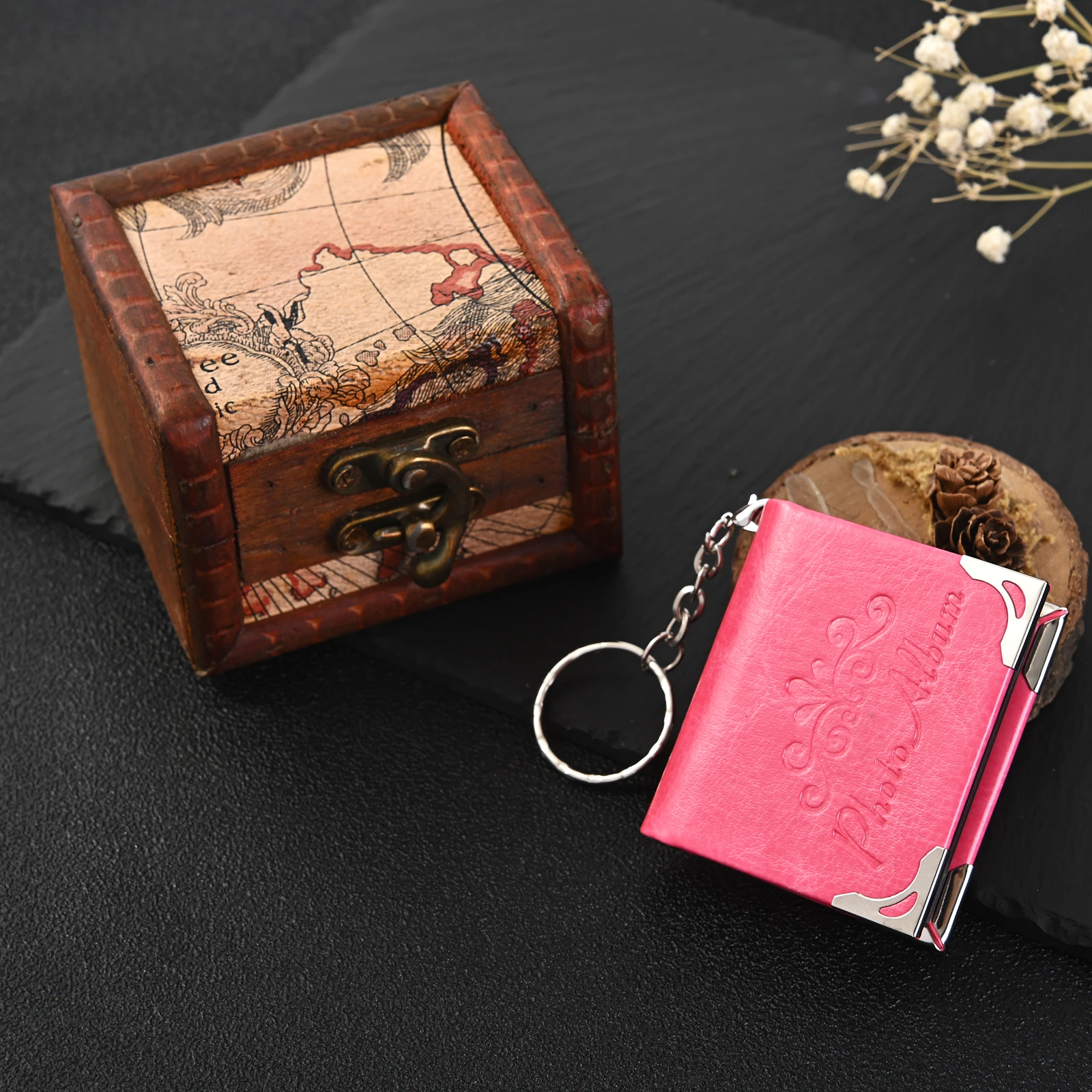 صور صغيرة ألبوم فارغ سلسلة المفاتيح الجلدية الأسرة زوجين هدية حلقة رئيسية ثلاثية الأبعاد محفظة مجوهرات قلادة الديكور #5