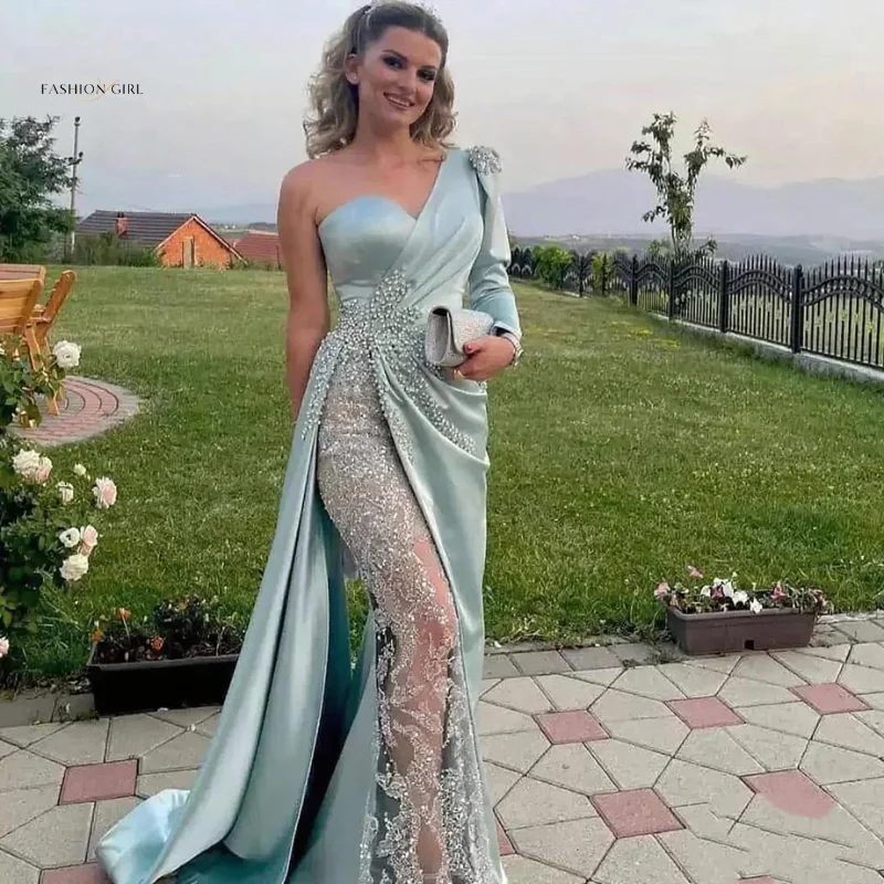 Green Luxury Lace Prom Dress One Shoulder Long Sleeve Mermaid Ruched Satin Beaded Women Evening Formal Party Gowns Robe 2025