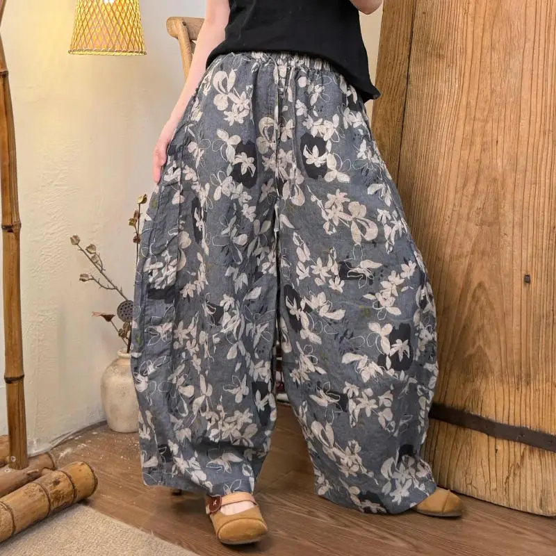 New Arrival Spring Summer Arts Style Women Elastic Waist Loose Pants Female Trousers Vintage Print Cotton Linen Wide Leg Pants
