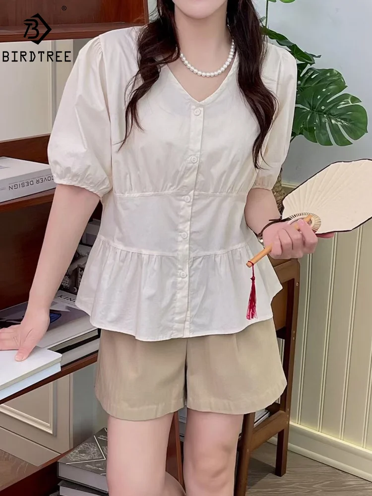 

New Spring Cotton Fashion Shirt Women Solid Color Short Sleeve OL Top Girl V Necks Casual Loose Blouses 2024 Summer T44519QM