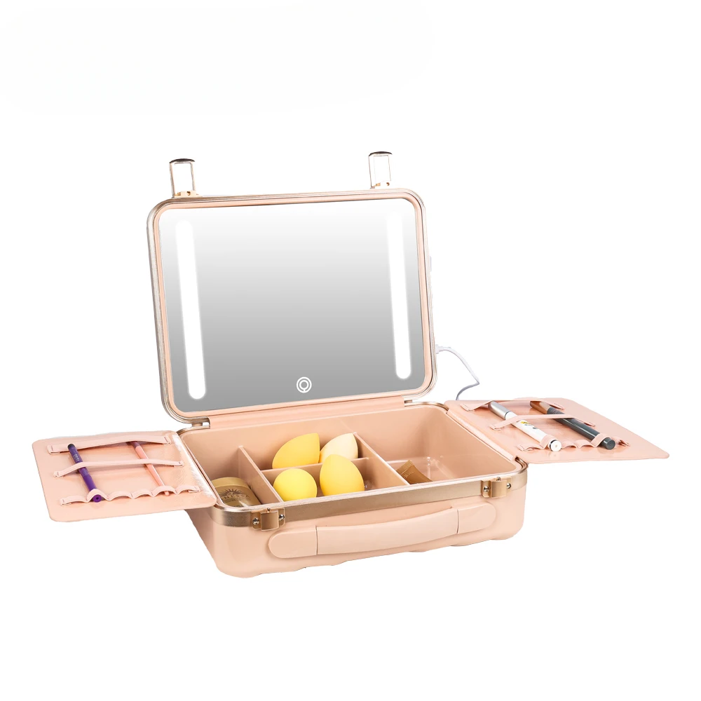 New Arrival ABS Aluminum Makeup Cosmetic Train Case Bag with LED Light for Travel