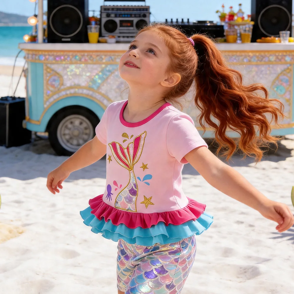 Mädchen Meerjungfrauen-Outfit-Set: Kinder Rüschen-Kurzarm-Baumwoll-Freizeit-Tops und Polyester-Shorts, 2-teiliges Set – Detail 2