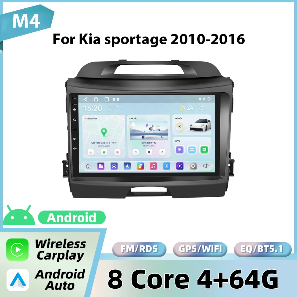Podofo 9'' autoradio voor Kia Sportage 2010-2016 met draadloze CarPlay, Android Auto, multimediasysteem, WIFI, GPS, FM/RDS, BT head unit