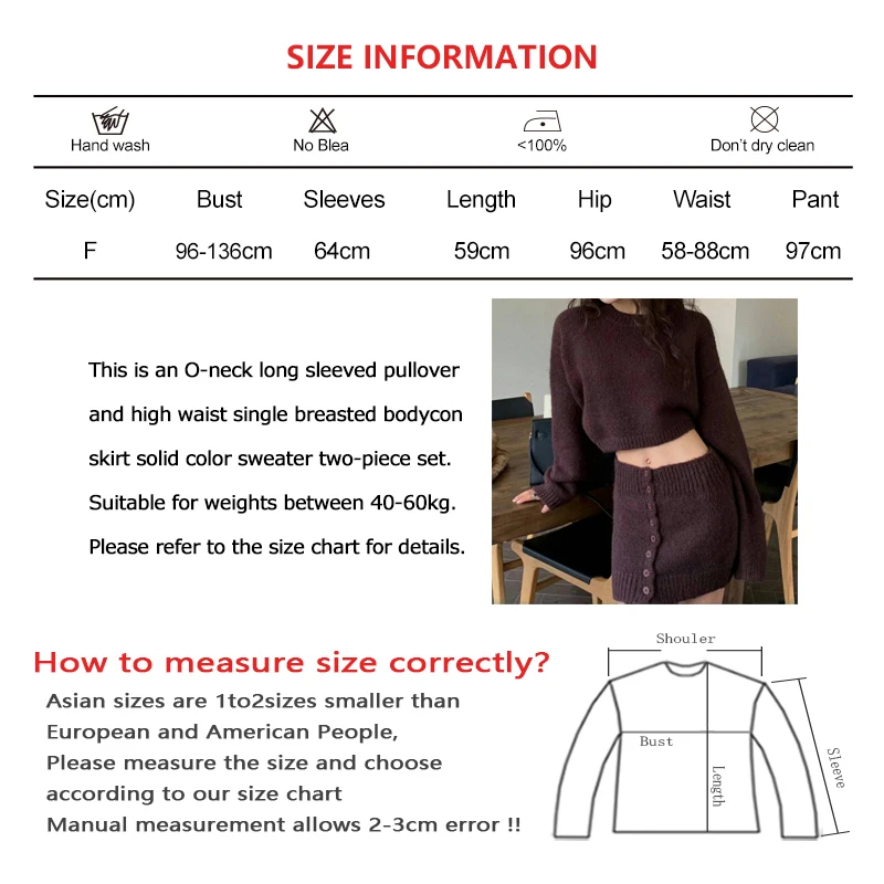 Women Fall/Winter Sweater 2 Piece Set Simple O-neck Long Sleeved Pullover and High Waist Button Up Bodycon Skirt Solid Knit Suit