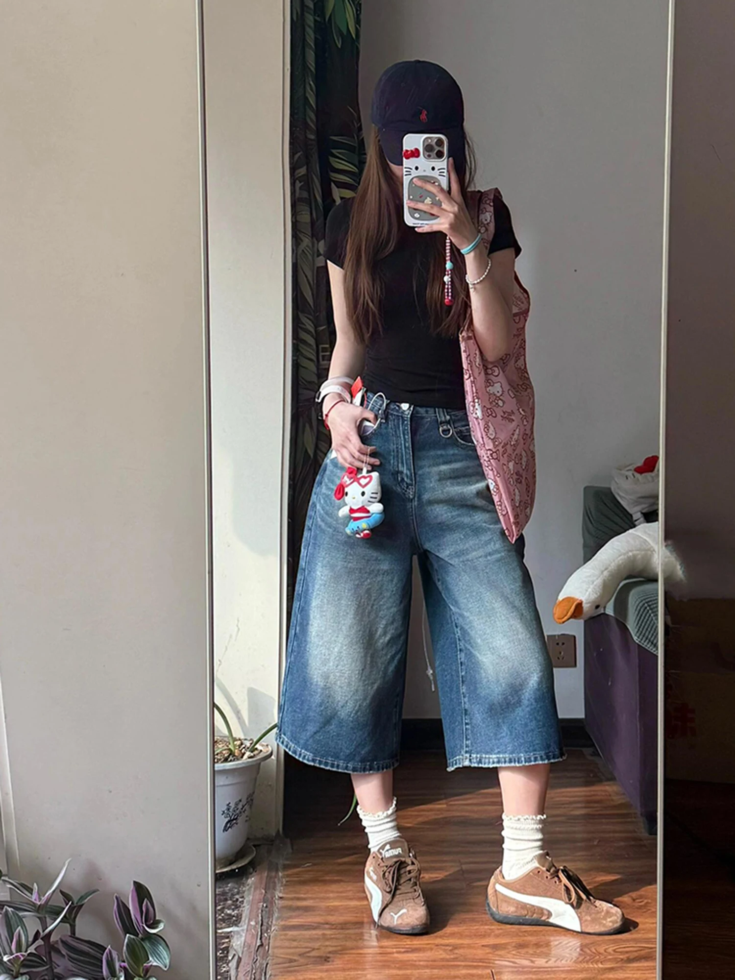 

American Retro Blue Seven-Foot Women's High Waist Loose Straight Leg Jeans Summer Slimming Wide Leg ort Pants