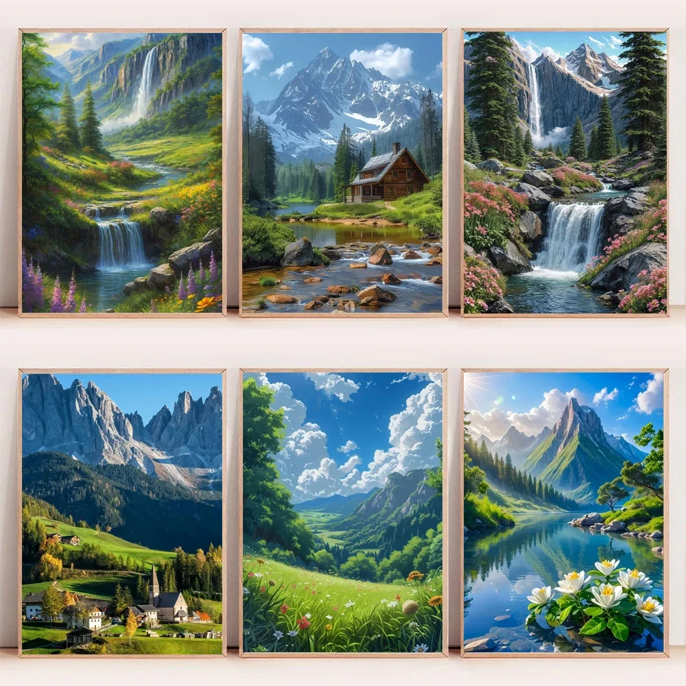 Mountain View Poster Canvas Painting Natural Landscape Forest Flower Hut Stream Waterfall Trees Wall Art Pictures Home Decor Art