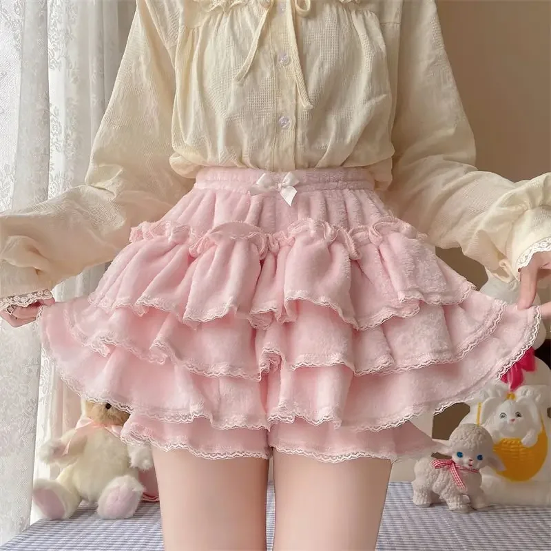 Harajuku Sweet Lolita Shorts Skirts Autumn Winter Plush Bloomers Y2k Japanese Kawaii Knickers Women Lace Bow Safety Short Pants