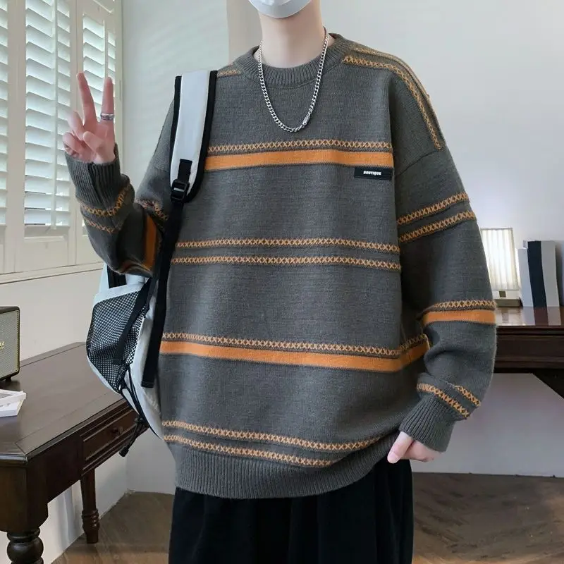 

Korean Contrasting Colors Pullovers Knitted Men's Clothing Casual Striped Spliced Autumn Winter Stylish Patch Designs Sweaters