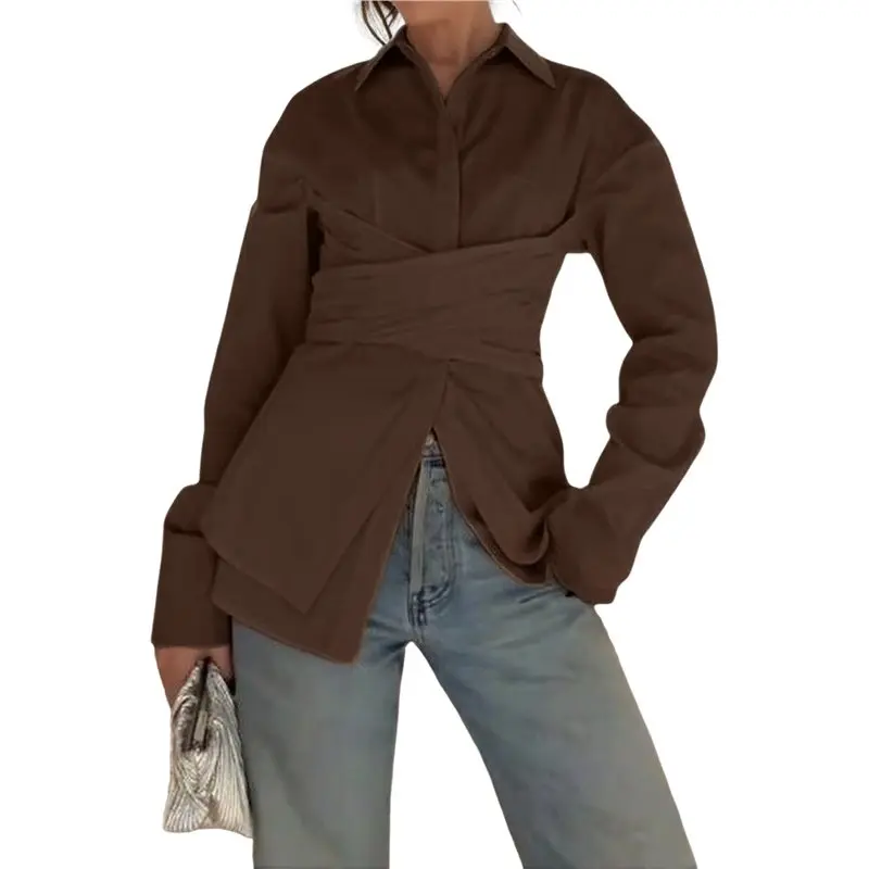 

CYL-Women's Casual Wrap Front Button Down Blouses V Neck Long Sleeve Wrap Tie Work Blouse Tops Elegant Cropped Top