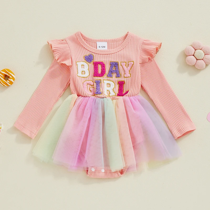 

Suefunskry Baby Girl Birthday Romper Dress Letter Embroidery Ribbed Long Sleeve Crew Neck Colorful Tulle Jumpsuit