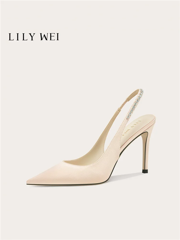 Summer new pointed shallow mouth rhinestone back strap silk small size sandals banquet large size widened high heels women shoes