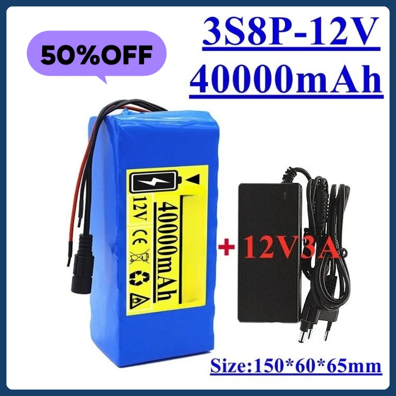 

12V 40Ah 18650 Lithium Battery Pack 11.1v 12.6v 40000mAh Capacity Mining Lamp 800W High Power