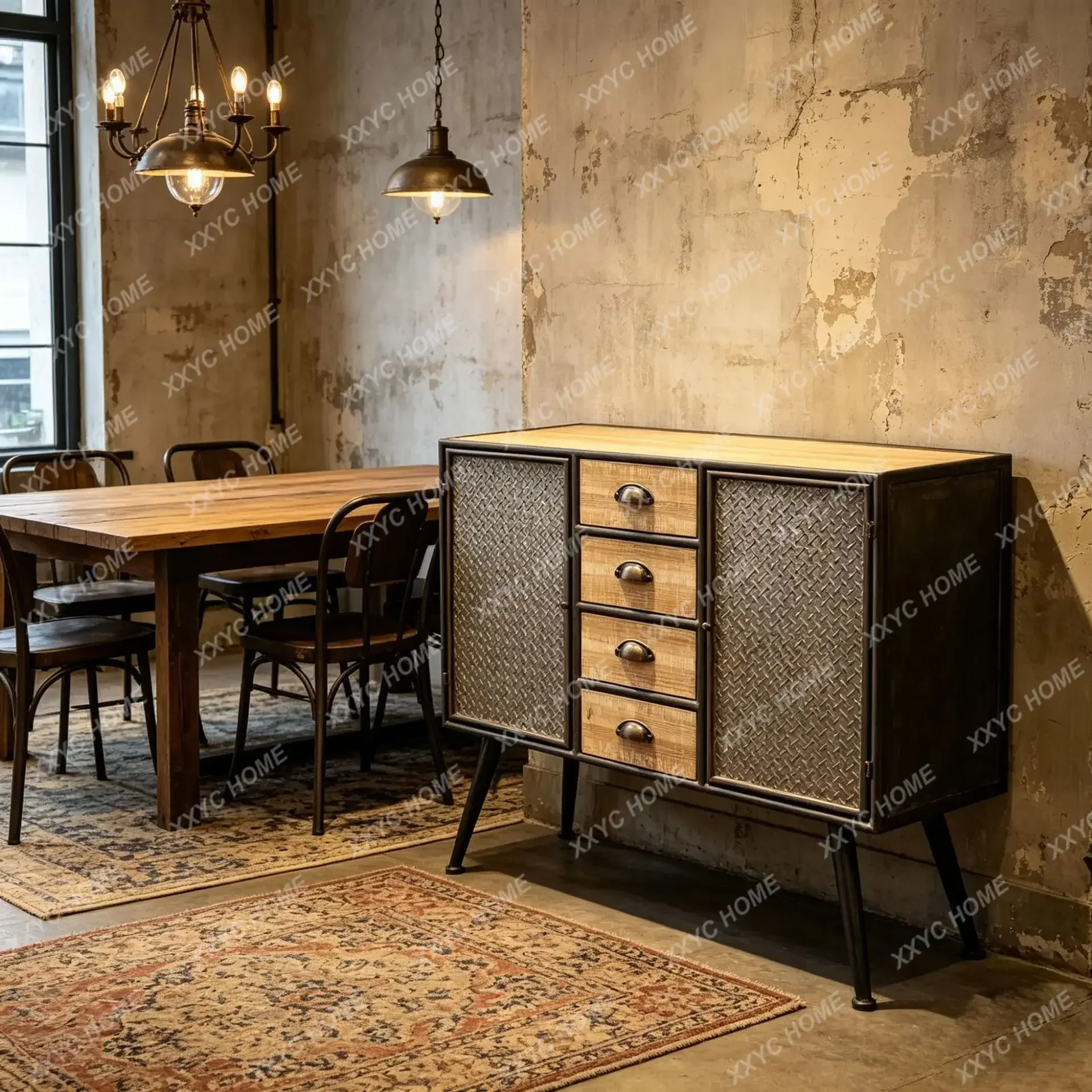 retro wrought iron chest, industrial wind wood iron dining side, 2 door and four pumping living room entrance loc