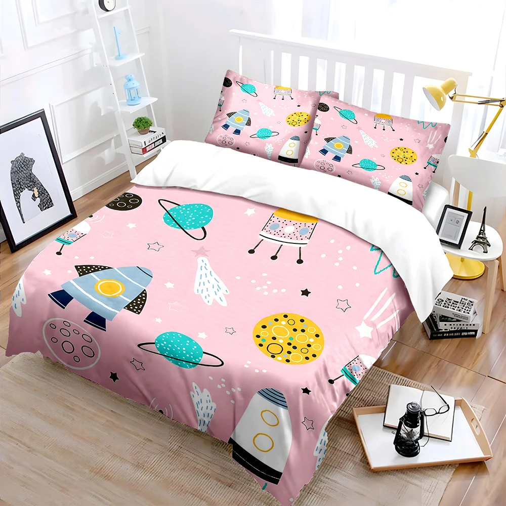 Space-themed doodles on pink background Duvet Cover Set Digital Print Polyester Bedding with Zipper Closur for kids gifts